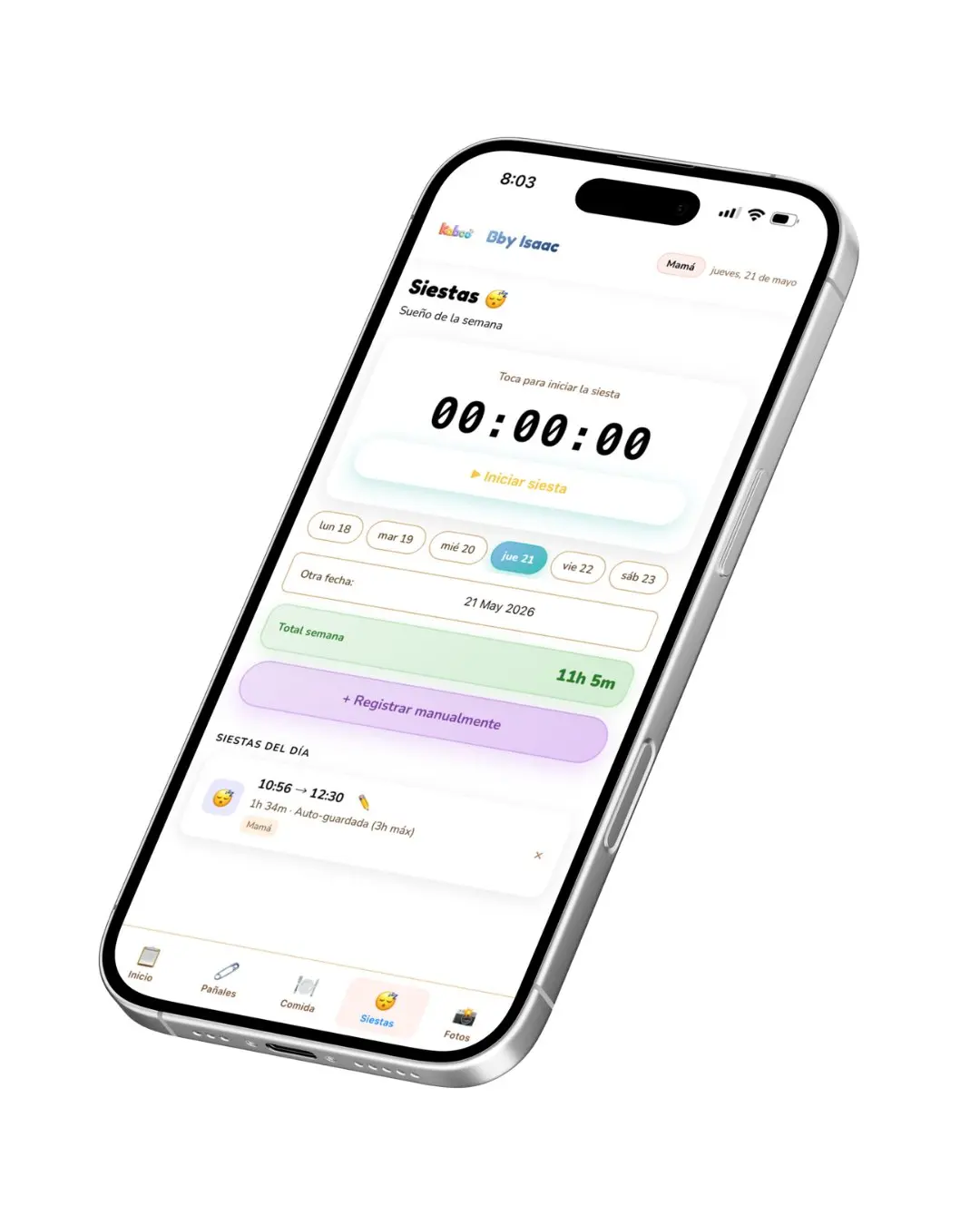 Tracker de siestas interactivo para bebés con cronómetro integrado
